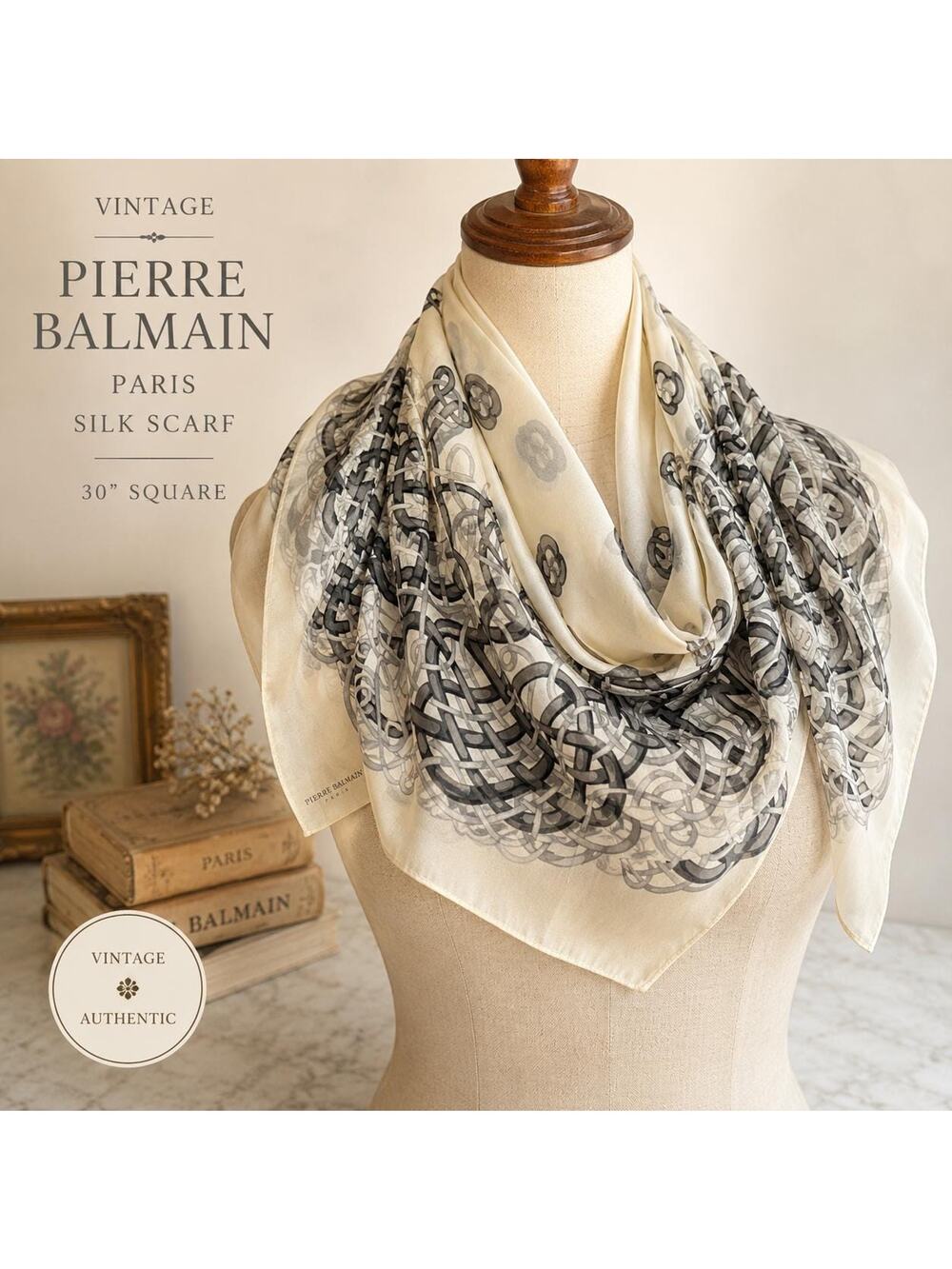 Vintage Pierre Balmain Paris Silk Chiffon Scarf Cream Chain Print Square 31”